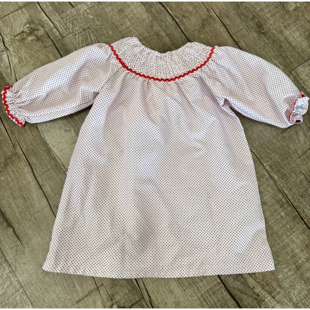 Baby Girl Christmas Santa Smocked Polka Dot Dress Red Ric-Rac Trim 18-24M - Picture 8 of 10